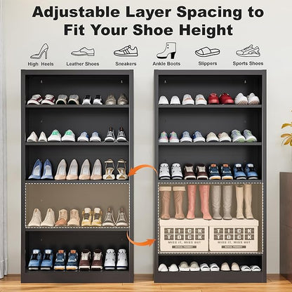 5-Space Heavy Duty Steel Shoe Rack, 4-Tier Adjustable Shoe Shelf with Back Panel, 66" Tall Open Shoe Organizer for Entryway, Closet, Apartment - Sturdy Metal Shoe Storage (Black, 5 Tier-66"H*33W)