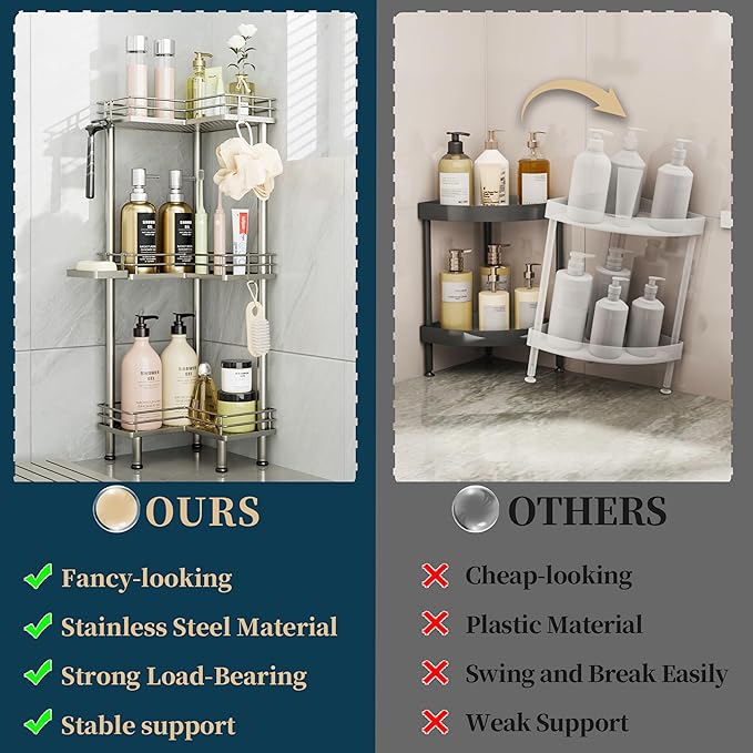 Consumest Corner Shower Caddy Standing - 3-Tier Stainless Steel Shower Organizer with Soap Holder and 4 Hooks, Large Capacity Corner Shelf Stand for Bathroom, Rest Room, Sand Nickel
