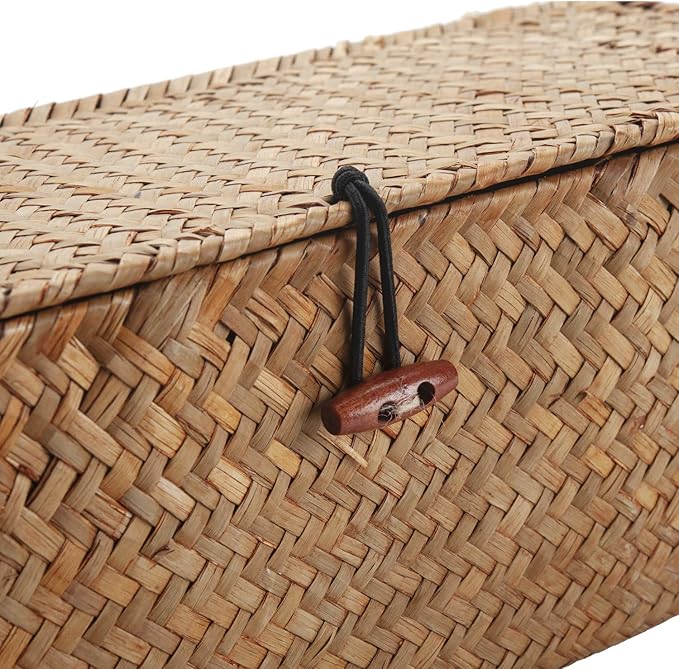 DECRAFTS Seagrass Storage Basket with Lid Rectangular Small Woven Shelf Baskets with Sections for Organize Snack Toys Tampon
