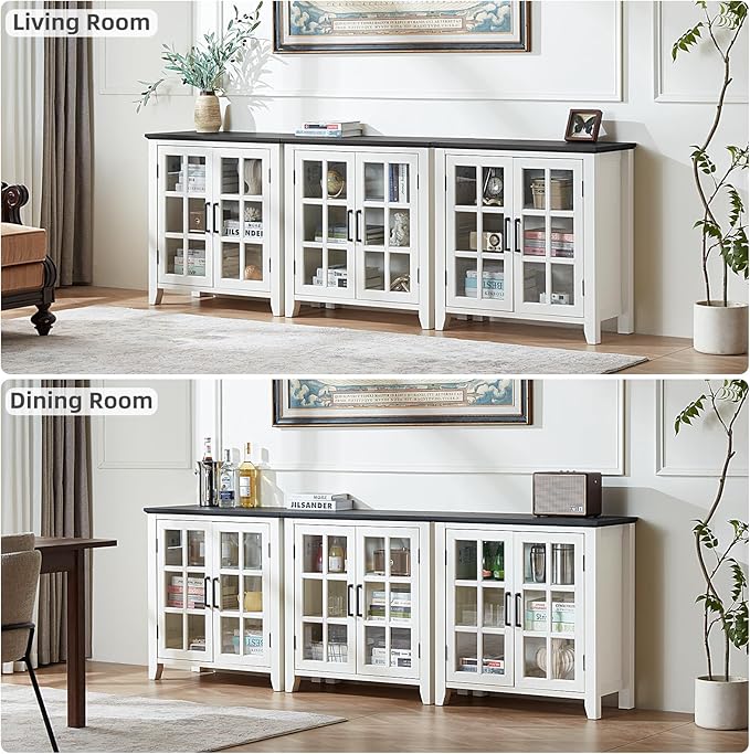 Sideboard Buffet Cabinet with Storage, 32" Farmhouse Kitchen Coffee Wine Bar Cabinet with 2 Glass Doors, Wood Mid Century Modern Side Board Table for Dining Room, Living Room, White