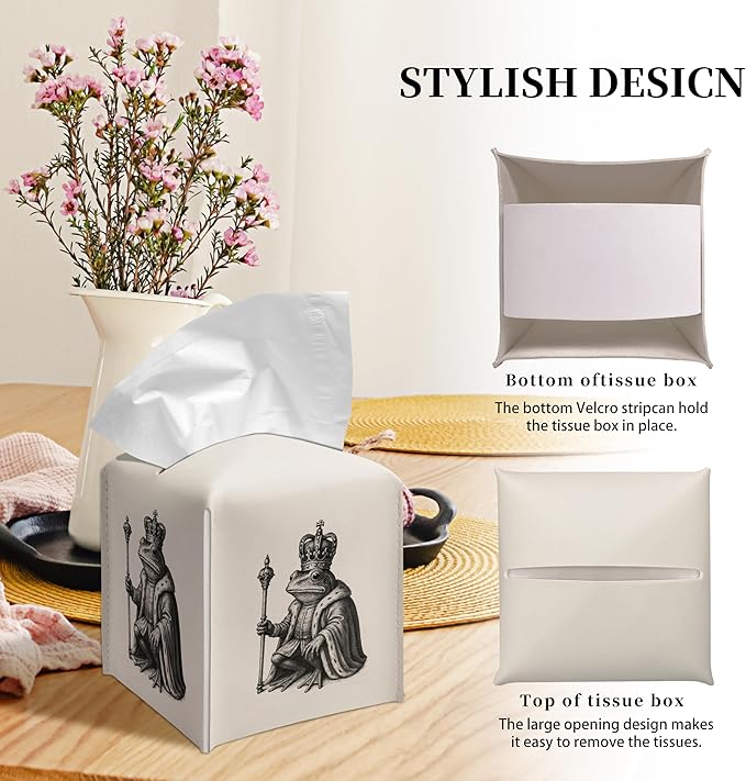 Grace Yonks Vintage Tissue Box Cover Square - Frog King Illustration Design 5.2" PU Leather Holder for Vanity, Desk, or Bathroom Counter - Cube Case for Facial Tissues. (117)