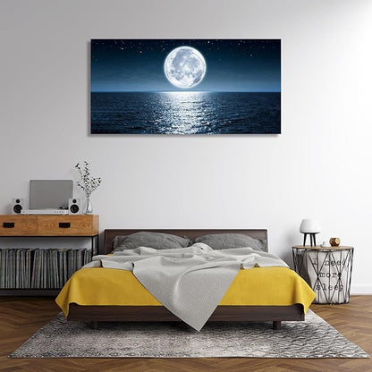 Wall Art Canvas Print Moon Sea Ocean Landscape 1 Panels Full Moon Picture Painting Framed and Stretched Ready to Hang for Living Room Bedroom Office Home Decor Artwork