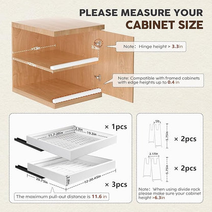 Seinloes 4Pack Expandable Pull Out Cabinet Organizer 21"Deep with Raising Pad for Framed Cabinets,Slide Out Drawers with 4pcs Divider Racks,Roll Out Shelves Adhesive,Adjustable Width 12.05"-20.4"White