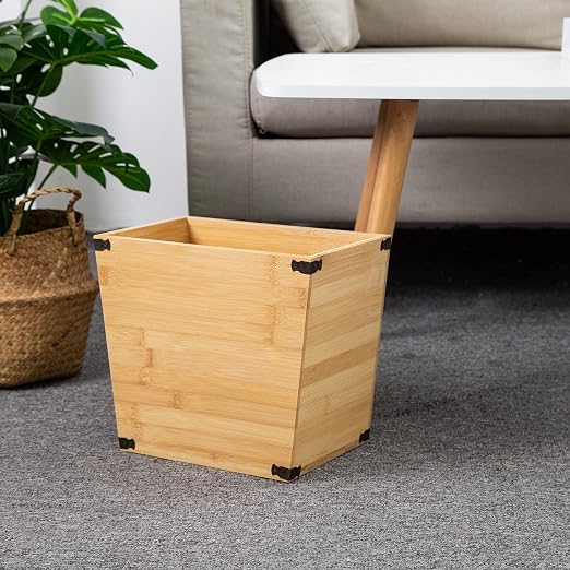 Grey Farmhouse Style Torched Wood Trash Can Waste Bin with Decorative Metal Brackets Trash Can for Bedroom,Living Room, Bathroom & Office (Bamboo Color)