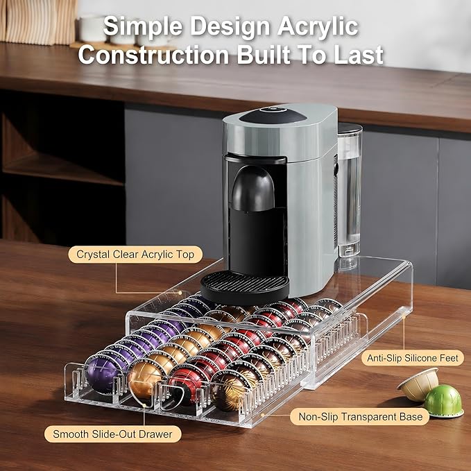 Coffee Pod Drawer Organizer for Nespresso Vertuo Pods,Acrylic Coffee Pod Holder Holds 40 Large or 60 Small Capsules or 28 K-Cups,Pull-Out Drawer with Anti-Slip Base for Home & Coffee Station,Crystal