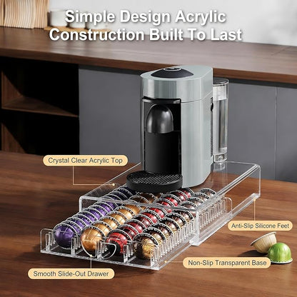 Coffee Pod Drawer Organizer for Nespresso Vertuo Pods,Acrylic Coffee Pod Holder Holds 40 Large or 60 Small Capsules or 28 K-Cups,Pull-Out Drawer with Anti-Slip Base for Home & Coffee Station,Crystal