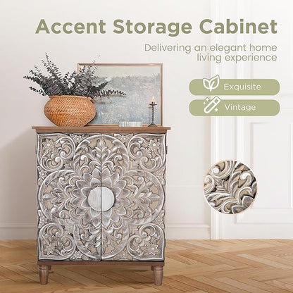 Sophia & William Accent Cabinet with Doors, Distressed Decorative Storage Cabinet with Wood Frame and Silver Embossed Pattern for Entryway Living Room