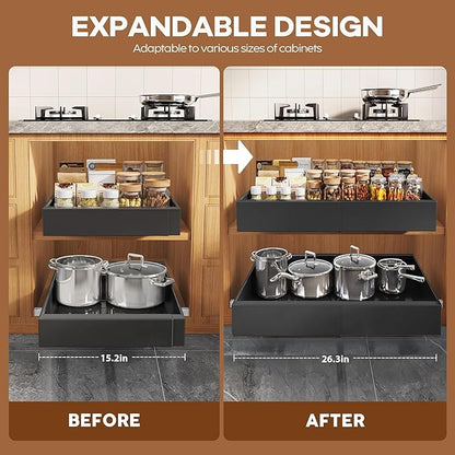 Seinloes 2 Pack Expandable Pull Out Cabinet Organizer 21"Deep With Raising Pad for Framed Cabinets,Upgrade 3 Slide Rails Slide Out Drawers,Roll Out Shelves Adhesive,Adjustable Width 15.15"-26.3" Black