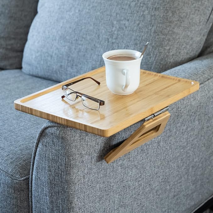 Shamrock Home Bamboo Trayble Couch Arm Table, Clip On Tray Sofa Table for Couches. Sofa Arm Tray for TV Dinners, Remotes, Drinks, Snacks and Small Spaces - 15.75 x 11inch, Beige