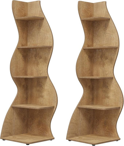 Tribesigns Corner Shelf, Modern 5-Tier Wall Corner Bookshelf, Stylish Corner Small Bookcase Storage Rack Plant Stand with Unique Shape for Living Room, Home Office (Light Brown, 2PCS)