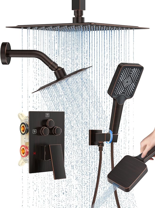 Shower Faucet Set, 10" Ceiling Mount Rainfall Shower System with 2 Rain Shower Head and Multi-function Handheld Head Push Button Diverter Shower Faucet Trim Kit