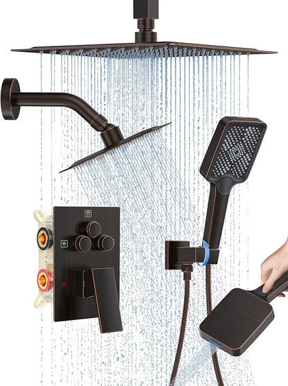 Shower Faucet Set, 10" Ceiling Mount Rainfall Shower System with 2 Rain Shower Head and Multi-function Handheld Head Push Button Diverter Shower Faucet Trim Kit