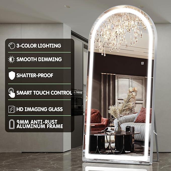 FENNIO Full Length Mirror with Lights, 80" x 36" LED Full Body Mirror, Free Standing Lighted Floor Mirror, Wall Mounted Hanging Mirror for Bedroom, Salon, Dimmable, 3 Color Lighting [Tempered Glass]