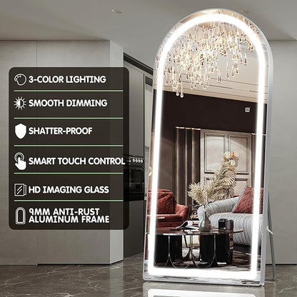 FENNIO Full Length Mirror with Lights, 80" x 36" LED Full Body Mirror, Free Standing Lighted Floor Mirror, Wall Mounted Hanging Mirror for Bedroom, Salon, Dimmable, 3 Color Lighting [Tempered Glass]