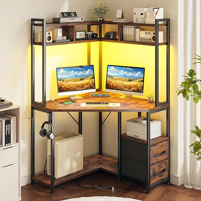 Corner Desk,35.4" W x 63" H Office Desk and Computer Desk with Hutch & LED Lights，Gaming Desk with Storage Drawers & Shelves and Hook for Small Space,Rustic Brown