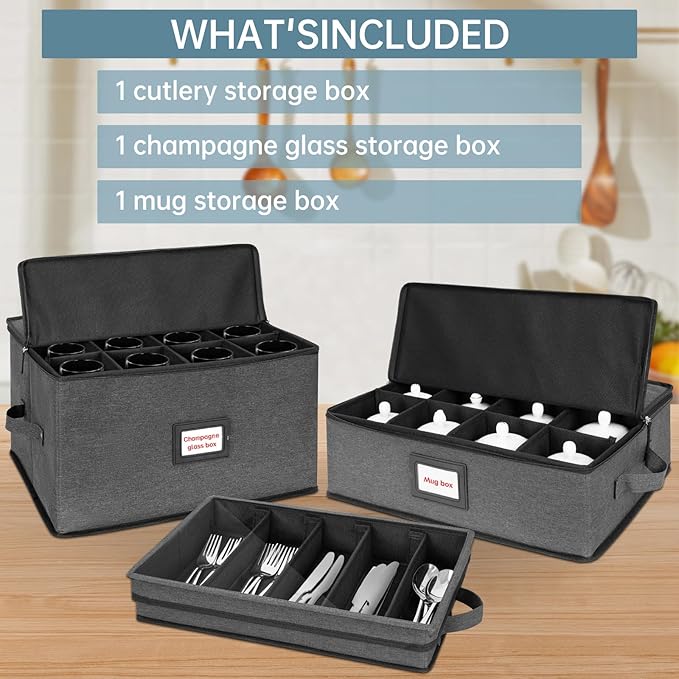 ANILD China Storage Containers 3-Piece Set, Hard Shell Box Moving Dishes, Wine and Glasses, Mugs, Cups, Champagne Flute, Ideal for Kitchen Organization and Moving Supplies