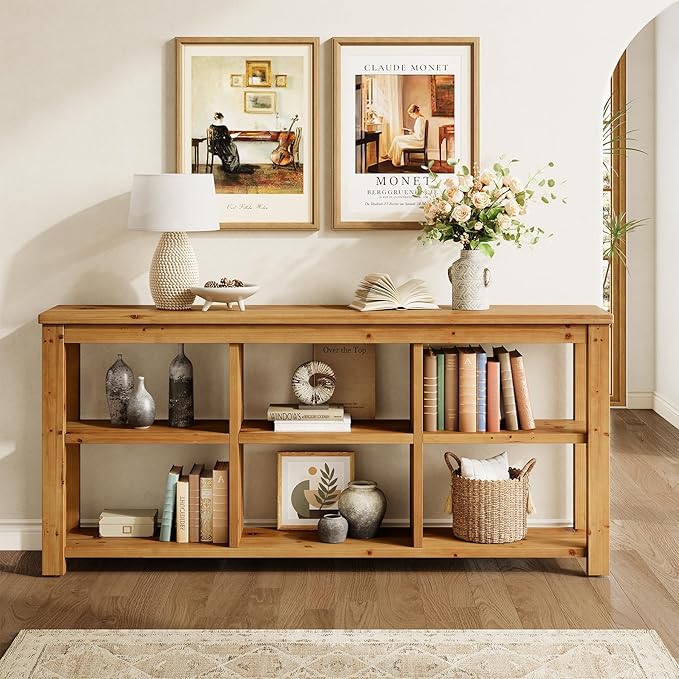 63-Inch Solid Wood Console Sofa Table, 3-Tier Narrow Farmhouse Entryway Table with 6 Storage Cubes for Living Room, Hallway, Brown