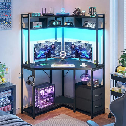 Corner Desk,35.4" W x 63" H Small Computer Desk and Office Desk with Hutch & LED Lights，Gaming Desk with Storage Drawers & Shelves and Hook for Small Space,Black