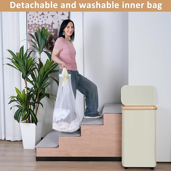 iEGrow Laundry Hamper with Lid, 75L Hamper with Wheels & Removable Bag, Slim Laundry Basket on Wheels with Bamboo Frame, Collapsible Rolling Clothes Hamper for Bedroom Dorm, Beige