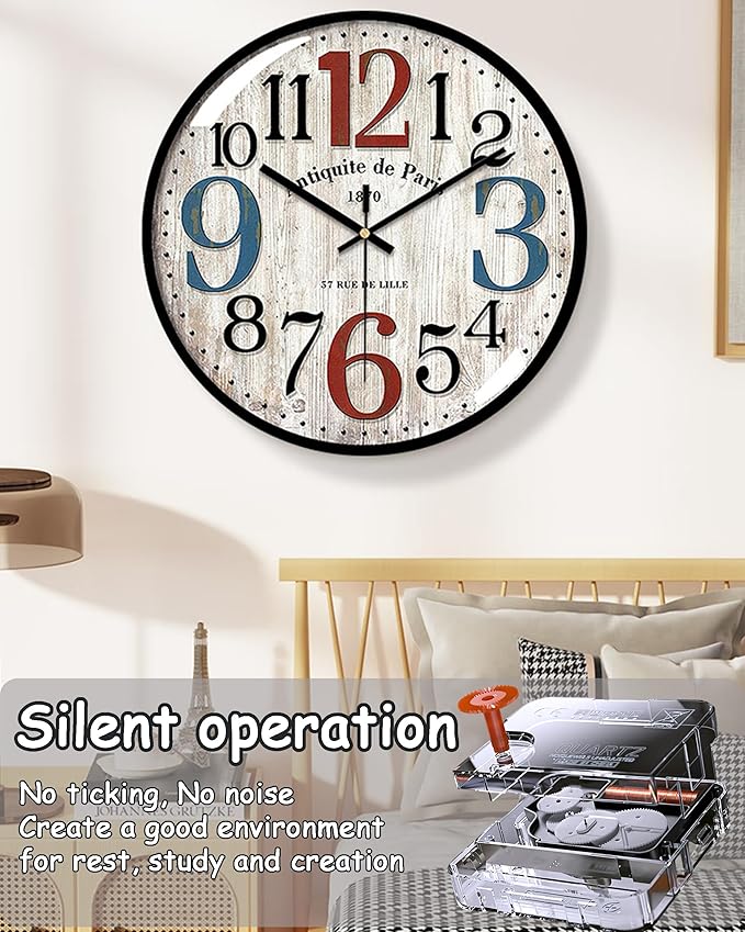 Decorative Wall Clocks Batterys Operated, Retro Wall Clock with Glass Dial, 12-Inch Dial with Roman Numerals, Silent and No Ticking, Suitable for Living Room, Bedroom, Dining Area, Workspace
