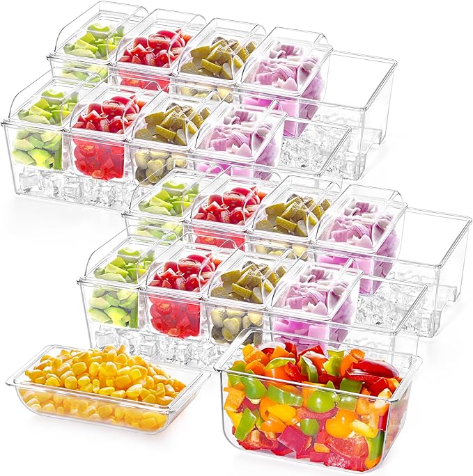 Lifewit 4 Pcs Ice Chilled Condiment Caddy with 5x 20 oz Containers, Condiment Server with Separate Lid, Serving Tray Platter with Removable Dishes for Bar, Fruit, Salad, Taco, Party Garnish