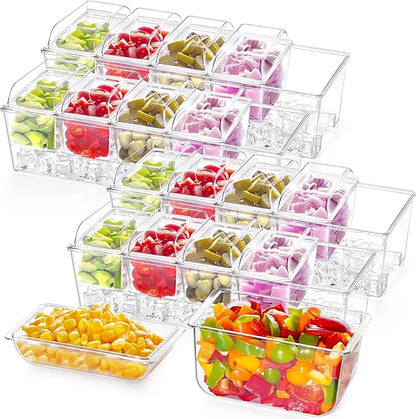 Lifewit 4 Pcs Ice Chilled Condiment Caddy with 5x 20 oz Containers, Condiment Server with Separate Lid, Serving Tray Platter with Removable Dishes for Bar, Fruit, Salad, Taco, Party Garnish