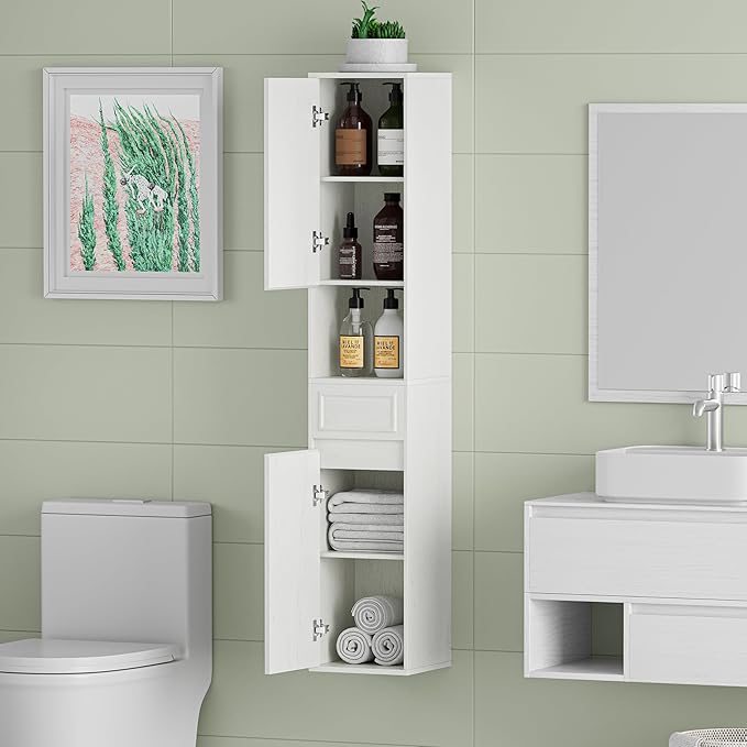 Tall Bathroom Storage Cabinet, Wall Mounted or Floor Mounted,Narrow Slim Wall Cabinet with 2 Door, 1 Drawer, Open Shelf for Living Room, 11.81" D x 11.81" W x 65" H (Line White, 1 PCS)