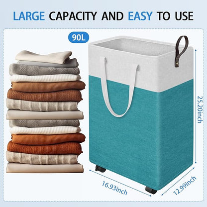 HomeHacks 90L Large Rolling Laundry Basket, Laundry Hamper with 4 Smooth Wheels, Collapsible Waterproof Clothes Basket, Freestanding Hamper with Handles for Bedroom/Dorm/Laundry Room (Green)