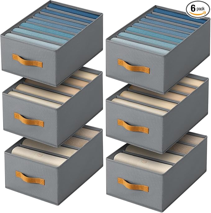 DIMJ Wardrobe Clothes Organizer - 4/5/7 Grids Foldable Closet Drawer Organizer Dividers for Jeans, Pants, Sweater, T Shirt, Storage Bins with Handles for Shelf