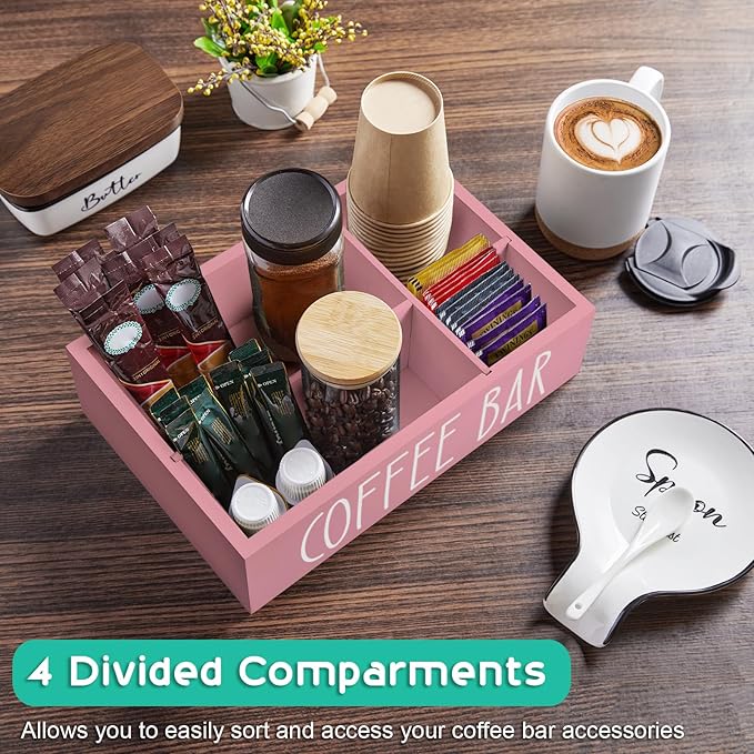 ALELION Coffee Station Organizer - Wood Countertop Accessories Organizer with Removable Dividers for Pods Condiment Syrup Tea Cups Stirrers - Pink Decor for Kitchen Coffee Bar