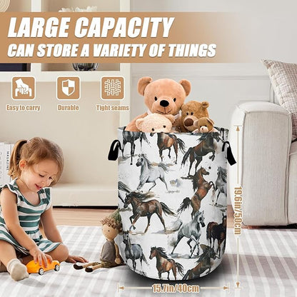 Watercolor Horse Laundry Basket, Foldable Waterproof Laundry Hamper Tote Bag Dirty Clothes Storage Bucket Toy Organizer for Bathroom/Laundry/Bedroom 15.7"x19.6"