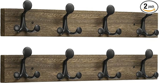SKOLOO 24-Inch Wood Burnt Coat Rack Wall Mount with 4 Triple Hooks - Ideal for Family Entrances, Classrooms, and Pet Supplies Storage - Perfect Coat Hooks for Wall, Pack of 2