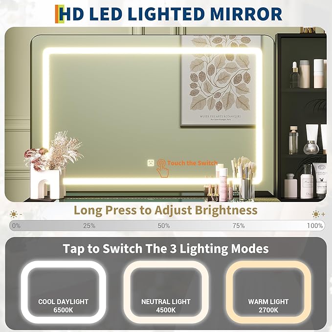 Vanity Desk with Mirror and Lights, 48" Makeup Vanity Table with 4 Drawers, 3-Shelves, Charging Station, Glass Top, 3 Color Modes & Adjustable Brightness, Modern Dressing Table Set for Bedroom - Black