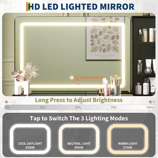 Vanity Desk with Mirror and Lights, 48" Makeup Vanity Table with 4 Drawers, 3-Shelves, Charging Station, Glass Top, 3 Color Modes & Adjustable Brightness, Modern Dressing Table Set for Bedroom - Black