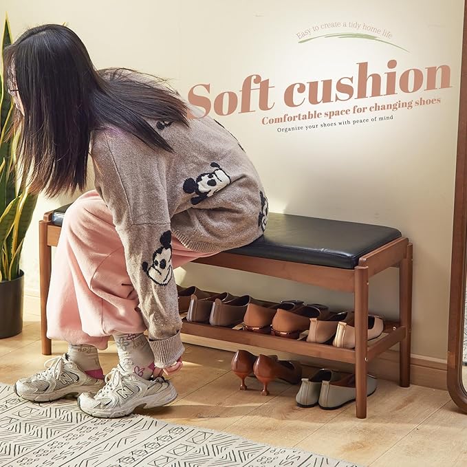 Shoe Rack Bench Entryway Bamboo Shoe Storage Bench with Leather Cushion 2 Tiers Shoe Rack Entryway Bench for Hallway, Living Room,Bedroom(Black Bench top+Brown Frame)