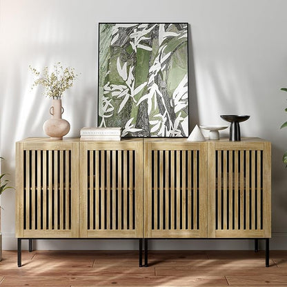 Buffet Cabinet with Storage,Set of 2 Farmhouse Console Table with Metal Base and Adjustable Shelf,Sideboard Coffee Bar Cabinet with 4 Doors for Kitchen,Dining Room,Living Room,Oak