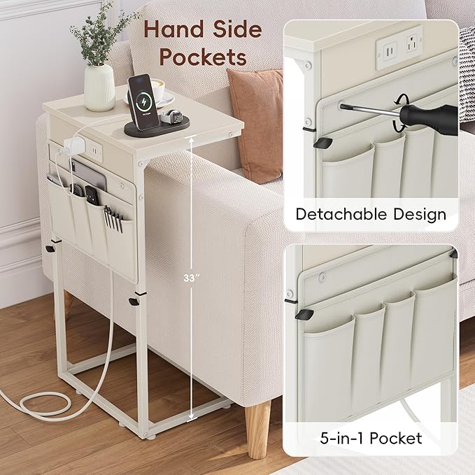Vagusicc C Shaped End Table with Charging Station, 33" Tall Side Table for Couch, C Table Adjustable Height Small Couch Side Table, Slide Under Sofa Table TV Tray Arm Table for Living Room, Cream