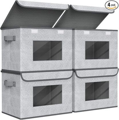 Univivi Fabric Foldable Storage Boxes [4-Pack] Large Collapsible Stackable Storage Bins with Lids, Closet Organizers and Storage Cube Basket for Home, Office, Bedroom (Gray, 17“ x 12” x 12")