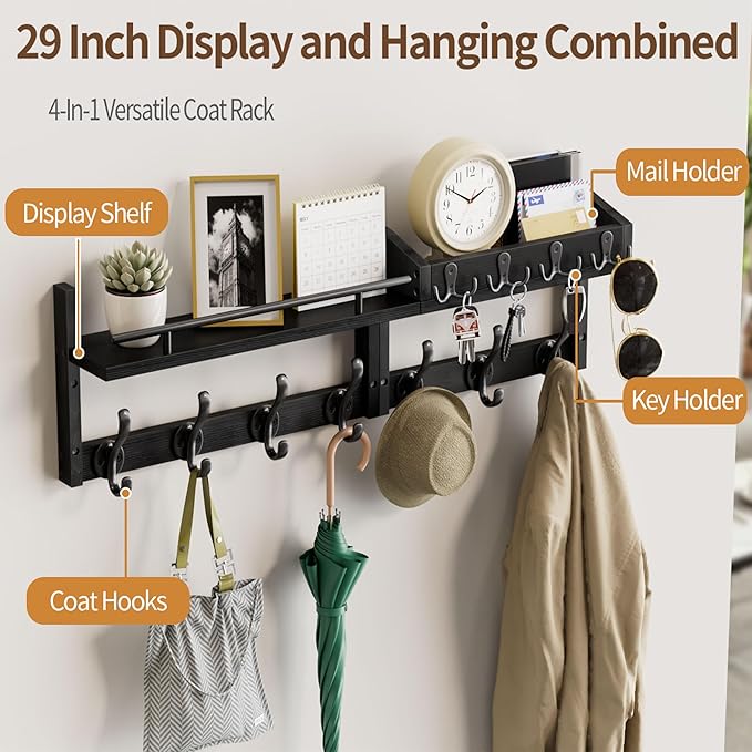 29 inch Coat Rack Wall Mount with Shelf, Set of 2 Heavy Duty Coat Hooks Wall Mount, Entryway Coat Hanger Wall Shelf with Key Holders and Mail Organizer for Living Room, Bedroom, Bathroom, Black