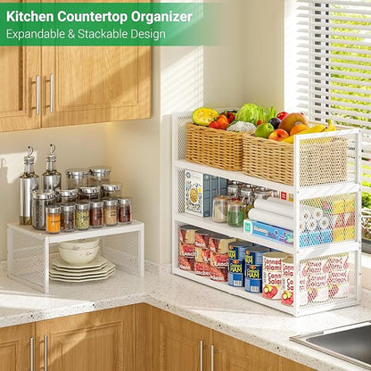 2 Pack Expandable Storage Cabinet, Stackable Pantry and Kitchen Organizers Shelf, Countertop Cabinet Storage Shelves Organizers, Spice Rack, Metal Storage Bins for Spice Can Plate Mug Cups, White