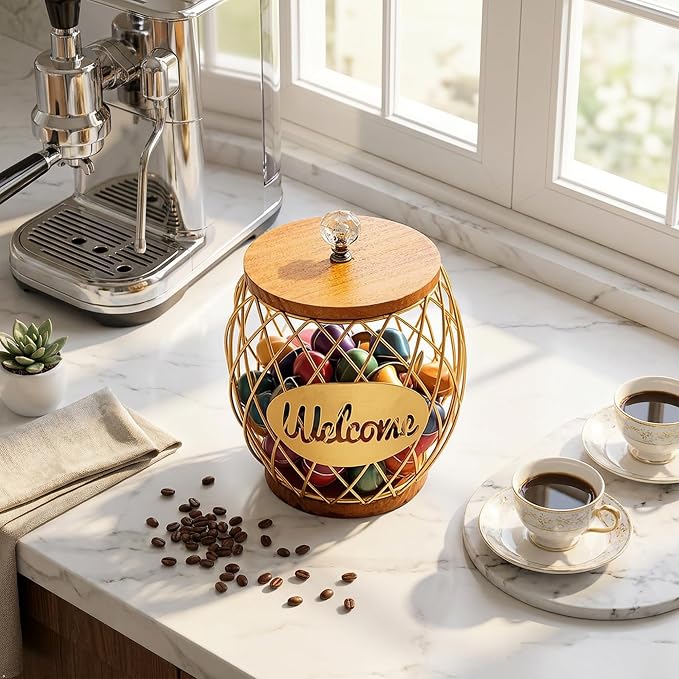 Gold Metal Wire Coffee Pod Holder Basket with Wood Base & Lid, Crystal Knob Capsule Storage Organizer Compatible with Nespresso Vertuo, Holds 60 Original or 26 Vertuo for Coffee Station Countertop