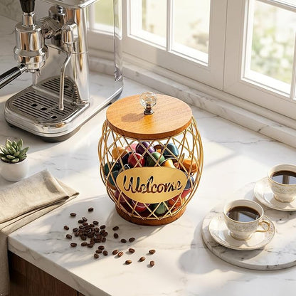 Gold Metal Wire Coffee Pod Holder Basket with Wood Base & Lid, Crystal Knob Capsule Storage Organizer Compatible with Nespresso Vertuo, Holds 60 Original or 26 Vertuo for Coffee Station Countertop