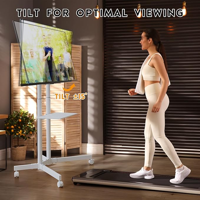 BONTEC Rolling TV Stand with Tilt, Mobile TV Cart for 32–85 Inch LED LCD Flat Curved TVs, Portable Stand with Laptop Shelf, Locking Wheels, Outdoor TV Stand Holds 132 lbs, Max VESA 600x400mm, White