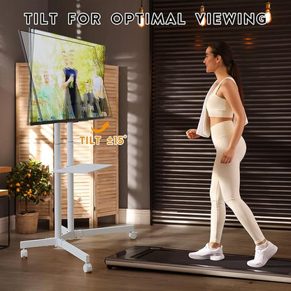 BONTEC Rolling TV Stand with Tilt, Mobile TV Cart for 32–85 Inch LED LCD Flat Curved TVs, Portable Stand with Laptop Shelf, Locking Wheels, Outdoor TV Stand Holds 132 lbs, Max VESA 600x400mm, White