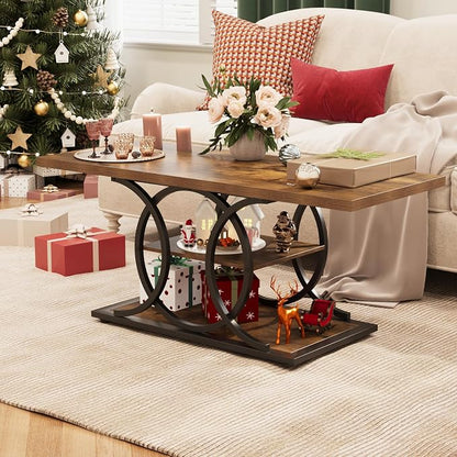 GiftGo Rustic Coffee Table with Storage Industrial 3 Tier Center Living Room Table Farmhouse Wooden Rectangle Cocktail Tea Table for Office Bedroom Elegant Full Moon Round Metal Frame (Brown, L-47)