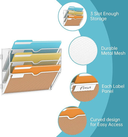 SUPEASY 3-Tier Wall File Organizer, Hanging Wall Mounted Mail Organizer with Label Slots, Metal Mesh File Holder Magazine Rack for Office, Home, School or Classroom, White