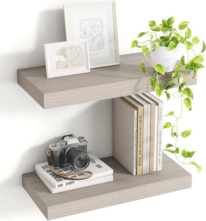 Acovy 16 Inch Floating Shelves, 8 Inch Deep Floating Shelves for Wall, Hanging Shelf with Invisible Brackets, Deep Shelves for Bathroom, Bedroom, Living Room, Grey, Set of 2
