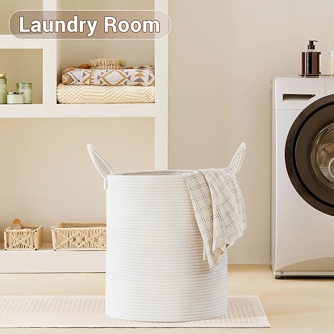 SunNewt Tall Laundry Basket with Handles, 88L Portable Dirty Clothes Hamper, Boho Cotton Rope Storage Bin for Blankets Kids Toys Gifts, Large Organizer for Baby Nursery Bedroom Bathroom, White