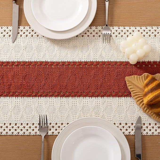 Socomi Boho Table Runner Valentine's Day Farmhouse Rustic Dining Kitchen Small Macrame Woven Cotton Linen Coffee Table Runner for Dresser Scarf Home Decor 12x48 inch Terracotta Ivory