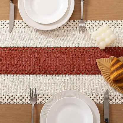 Socomi Boho Table Runner Valentine's Day Farmhouse Rustic Dining Kitchen Small Macrame Woven Cotton Linen Coffee Table Runner for Dresser Scarf Home Decor 12x48 inch Terracotta Ivory